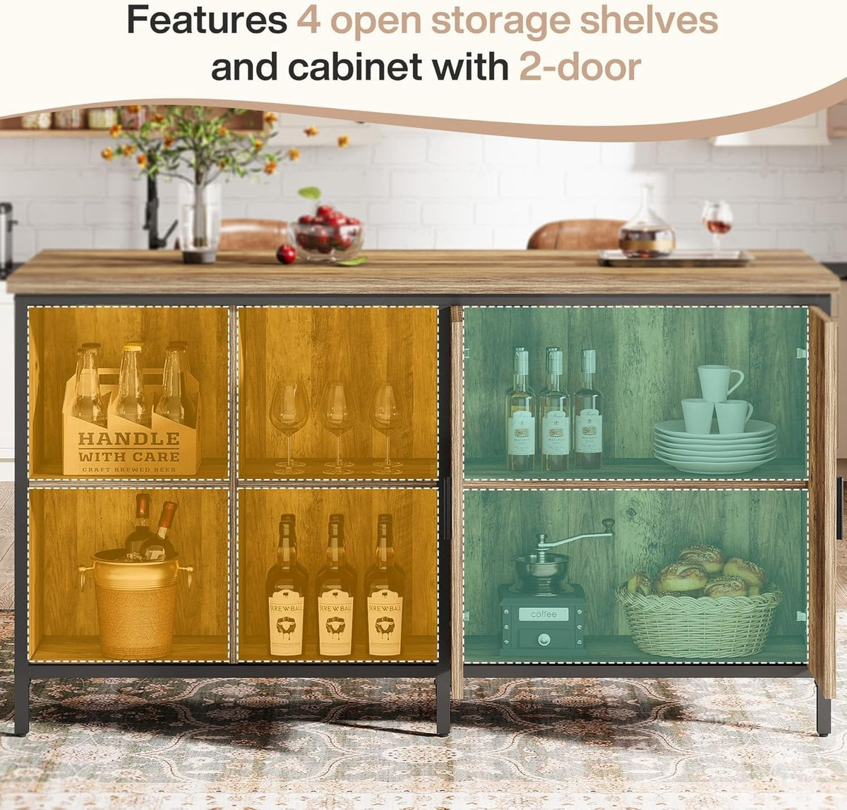 63" Bar Table, Counter Height Pub Table Bar Cabinet with 2-Tier Storage Shelves