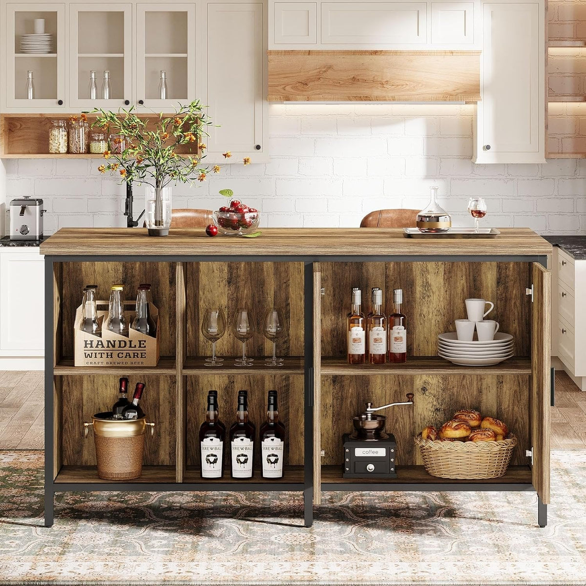 63" Bar Table, Counter Height Pub Table Bar Cabinet with 2-Tier Storage Shelves