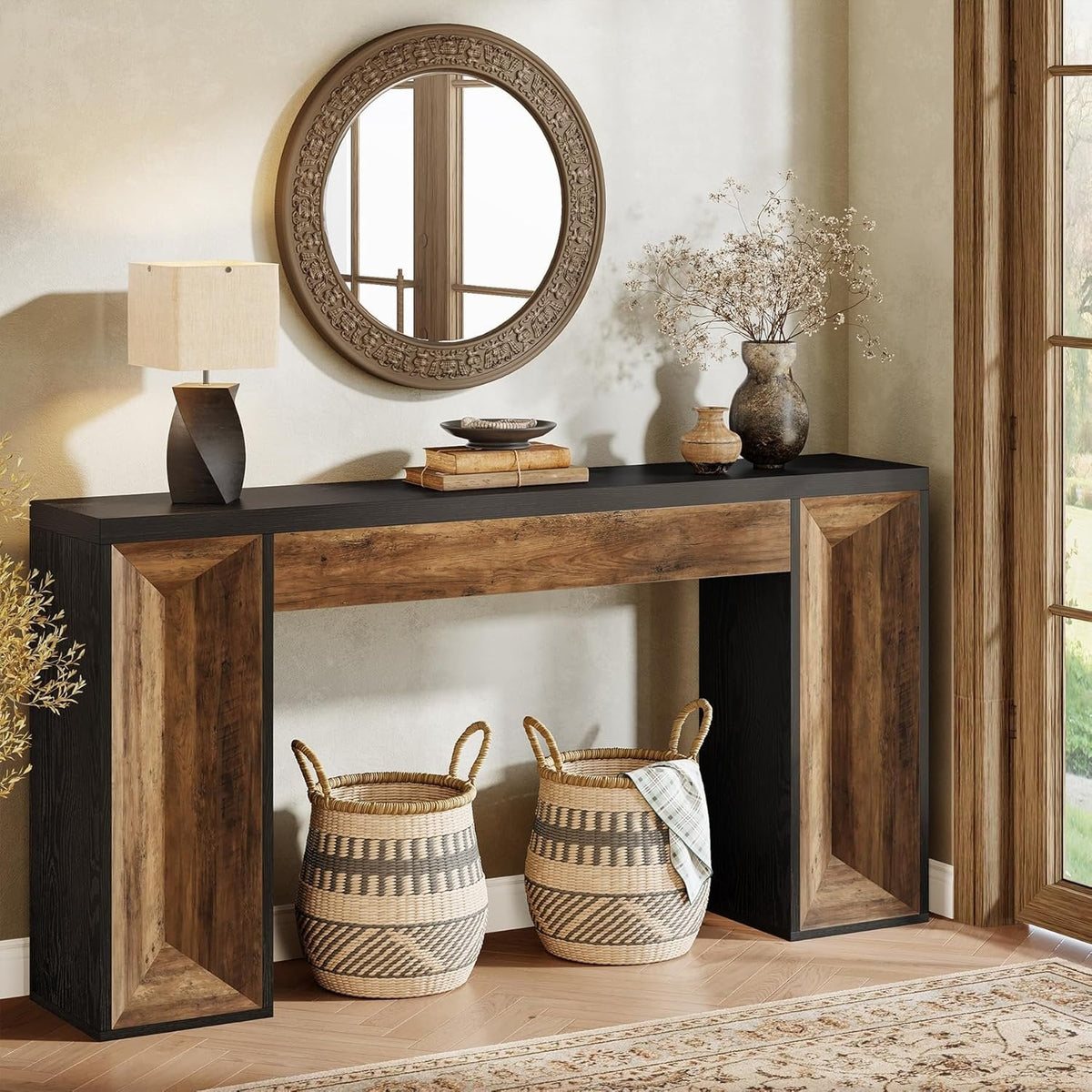 63" Console Table, Farmhouse Entryway Table Sofa Table with Dual-Tone Design
