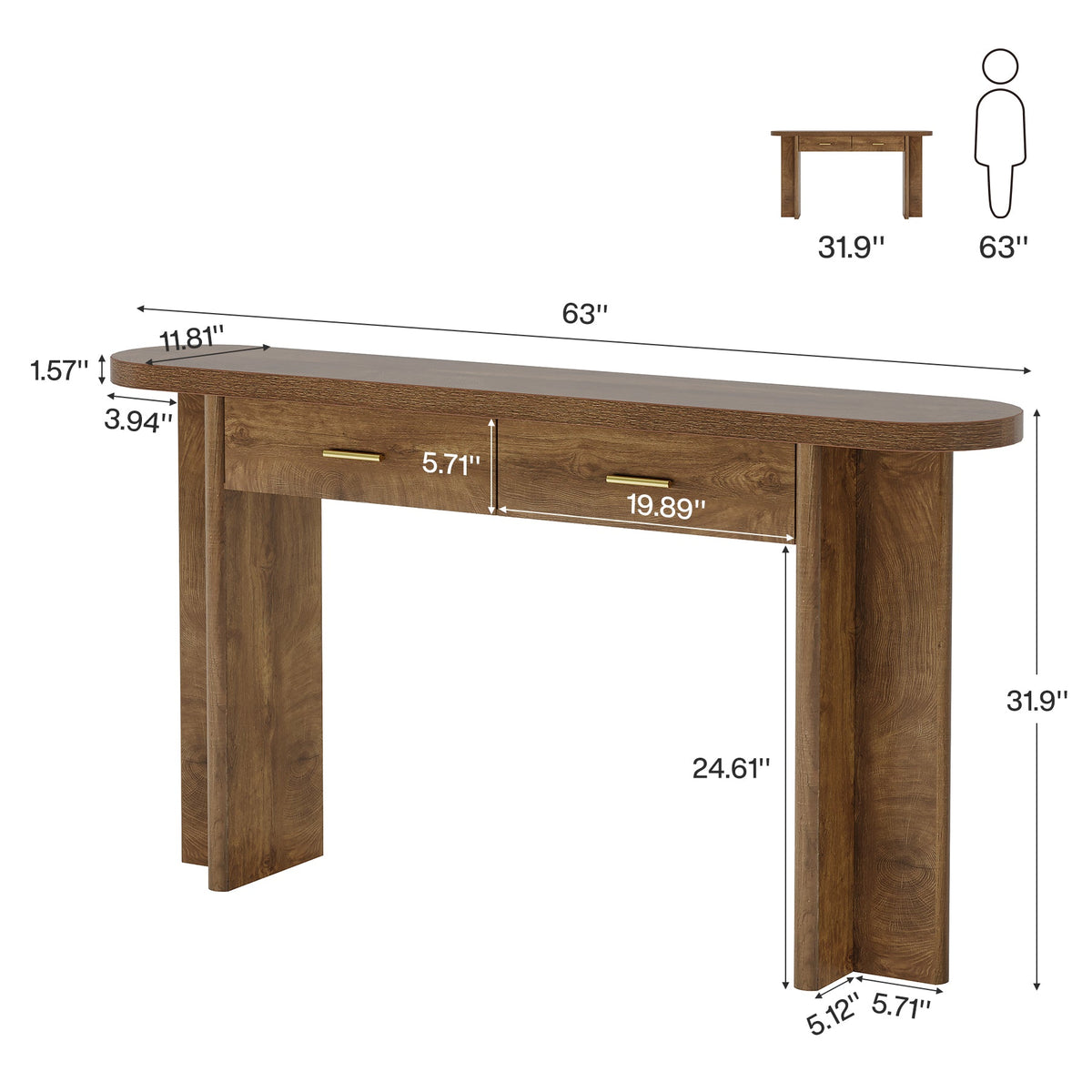 63" Console Table, Farmhouse Oval Curved Entryway Table with 2 Drawers