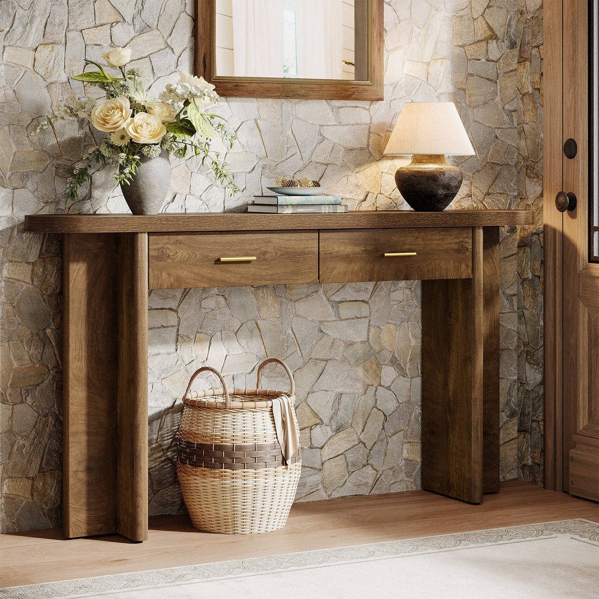 63" Console Table, Farmhouse Oval Curved Entryway Table with 2 Drawers