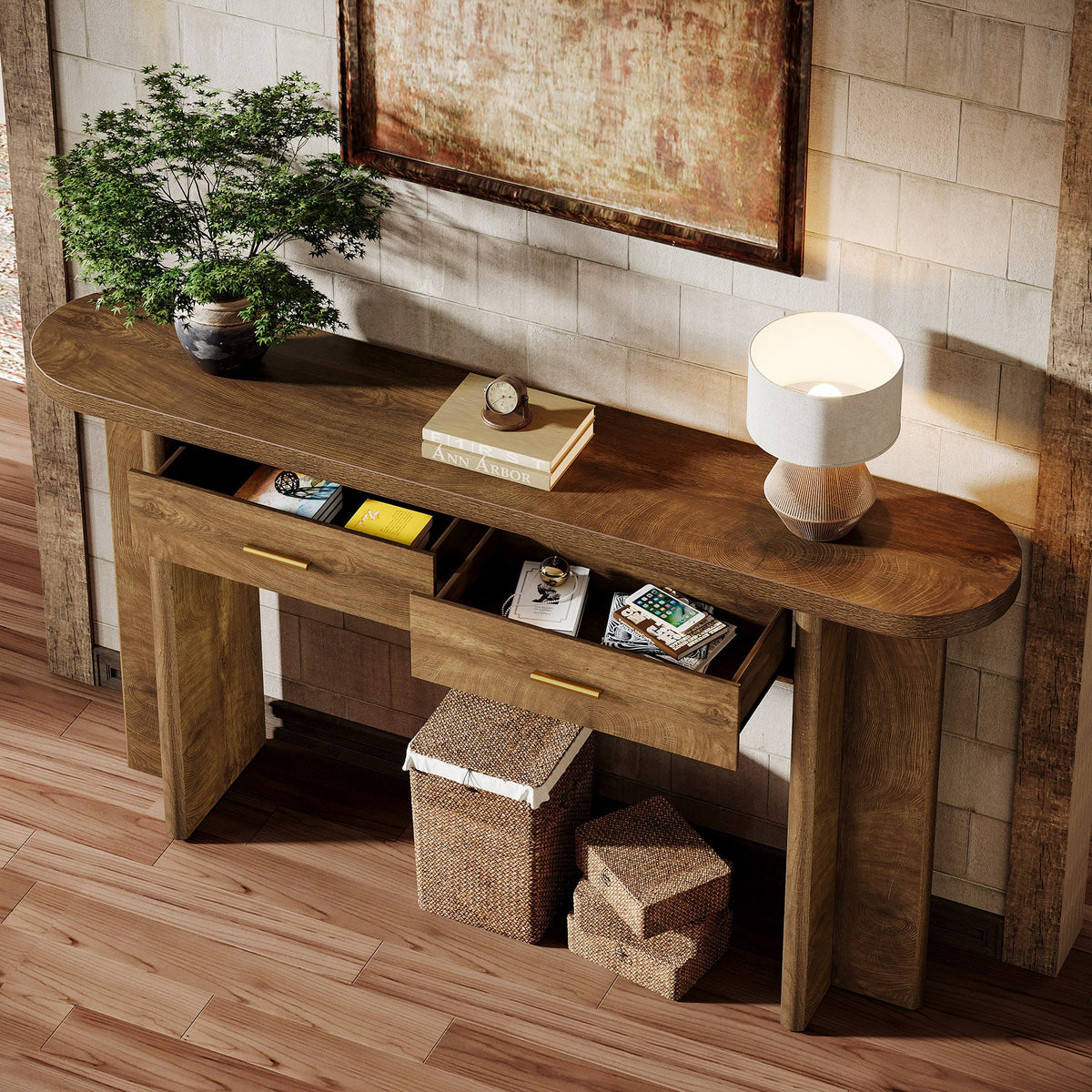 63" Console Table, Farmhouse Oval Curved Entryway Table with 2 Drawers