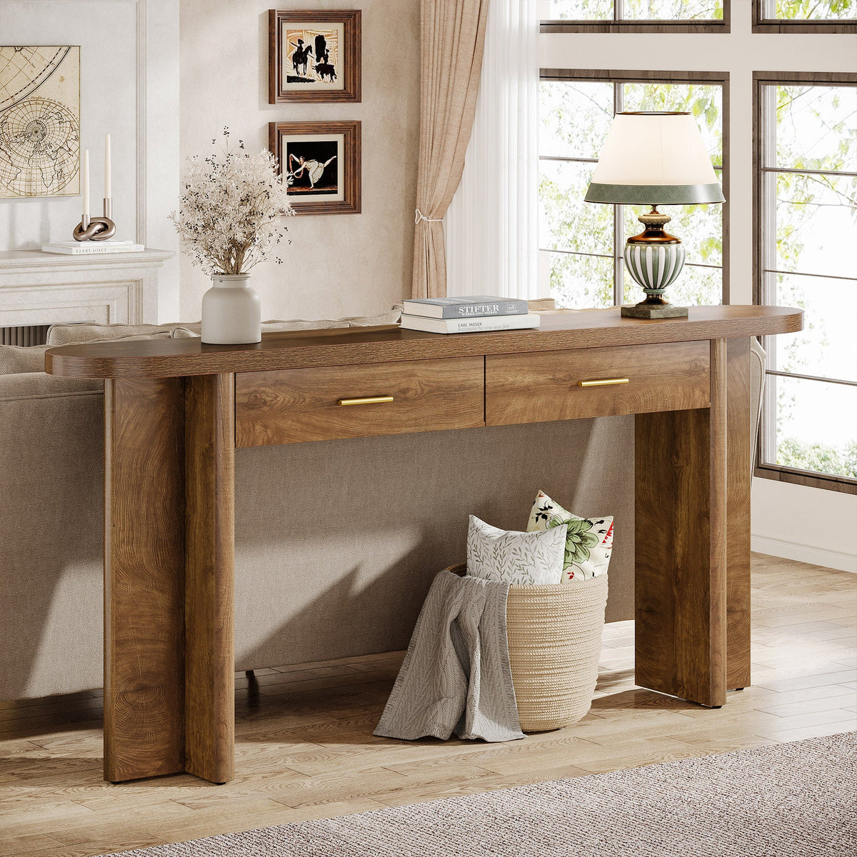 63" Console Table, Farmhouse Oval Curved Entryway Table with 2 Drawers