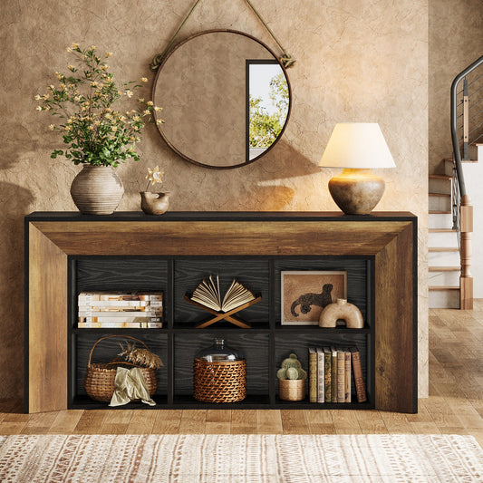 63" Console Table, Rustic Entryway Sofa Table with 6 Storage Cubes