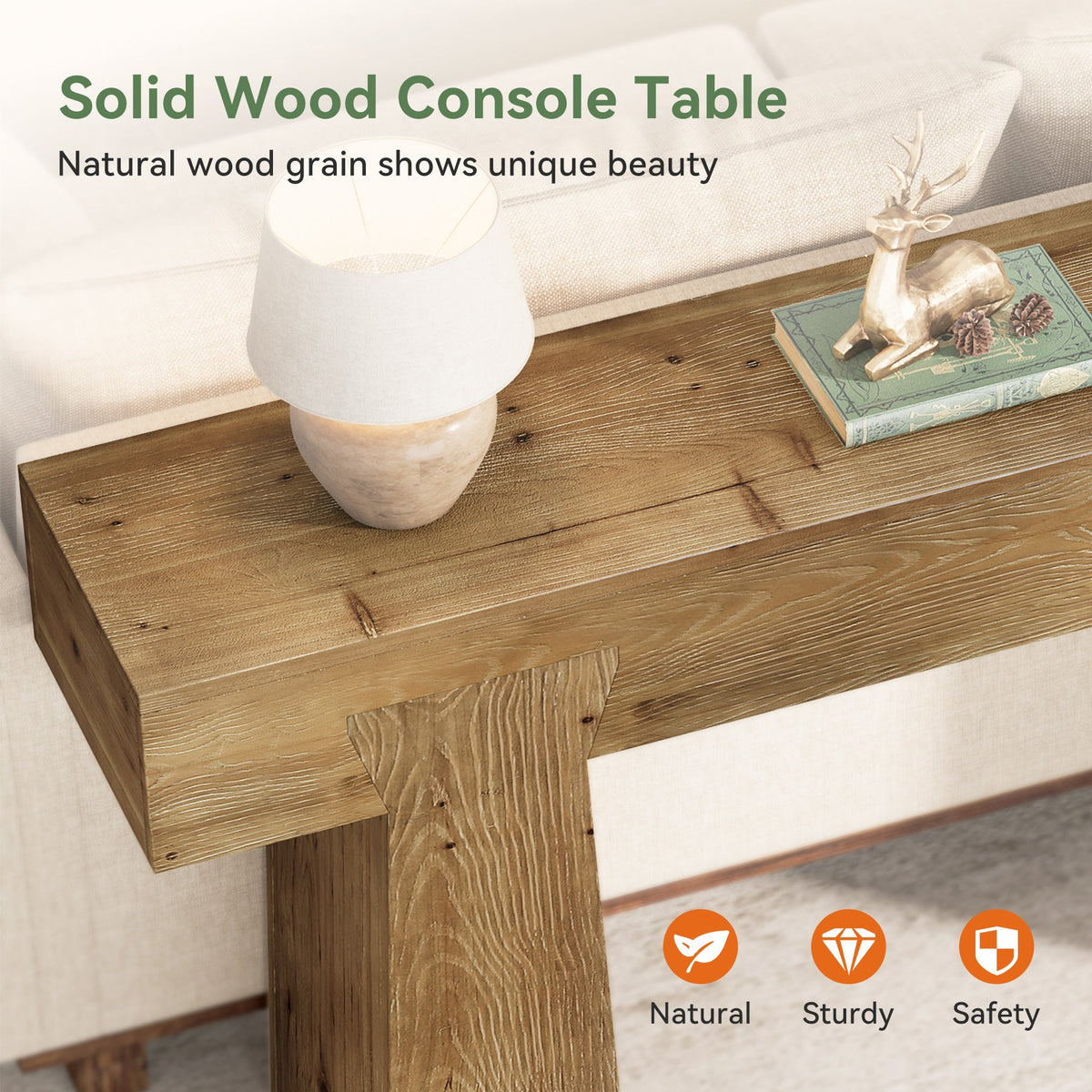 63" Console Table, Solid Wood Entryway Table with Heavy-Duty Frame for Living Room