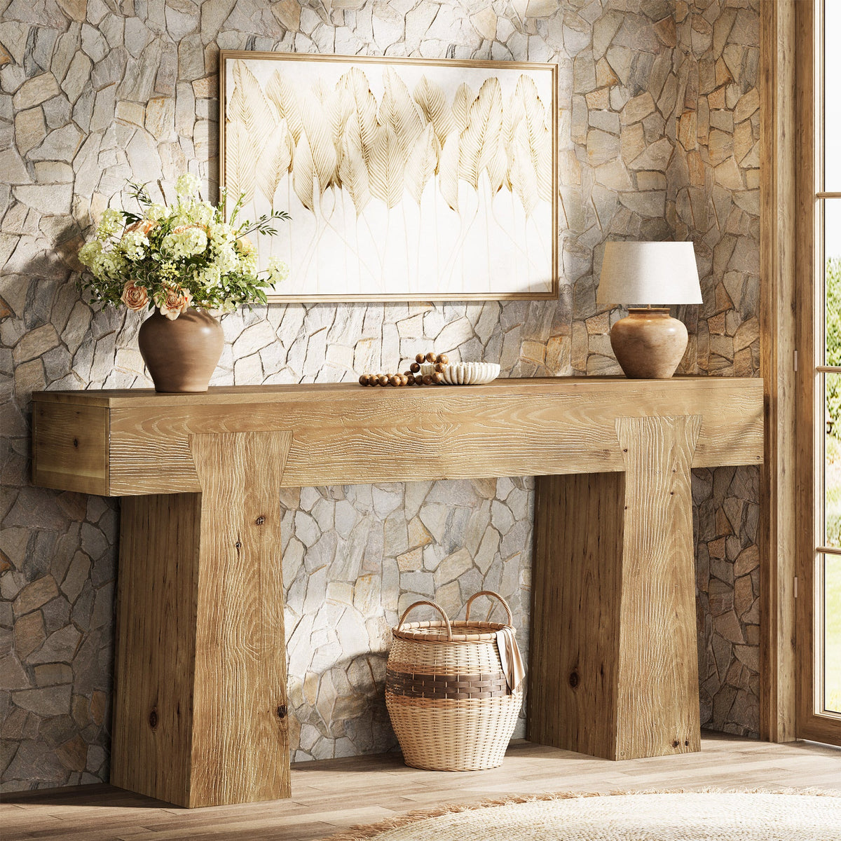 63" Console Table, Solid Wood Entryway Table with Heavy-Duty Frame for Living Room