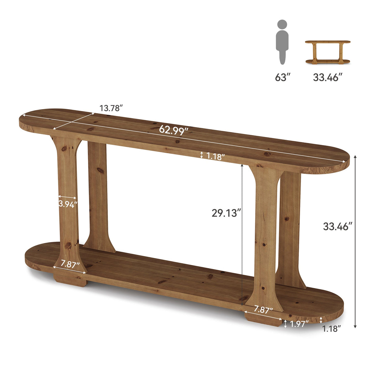 63" Console Table, Solid Wood Oval Curved Sofa Table with 2-Tier Shelf