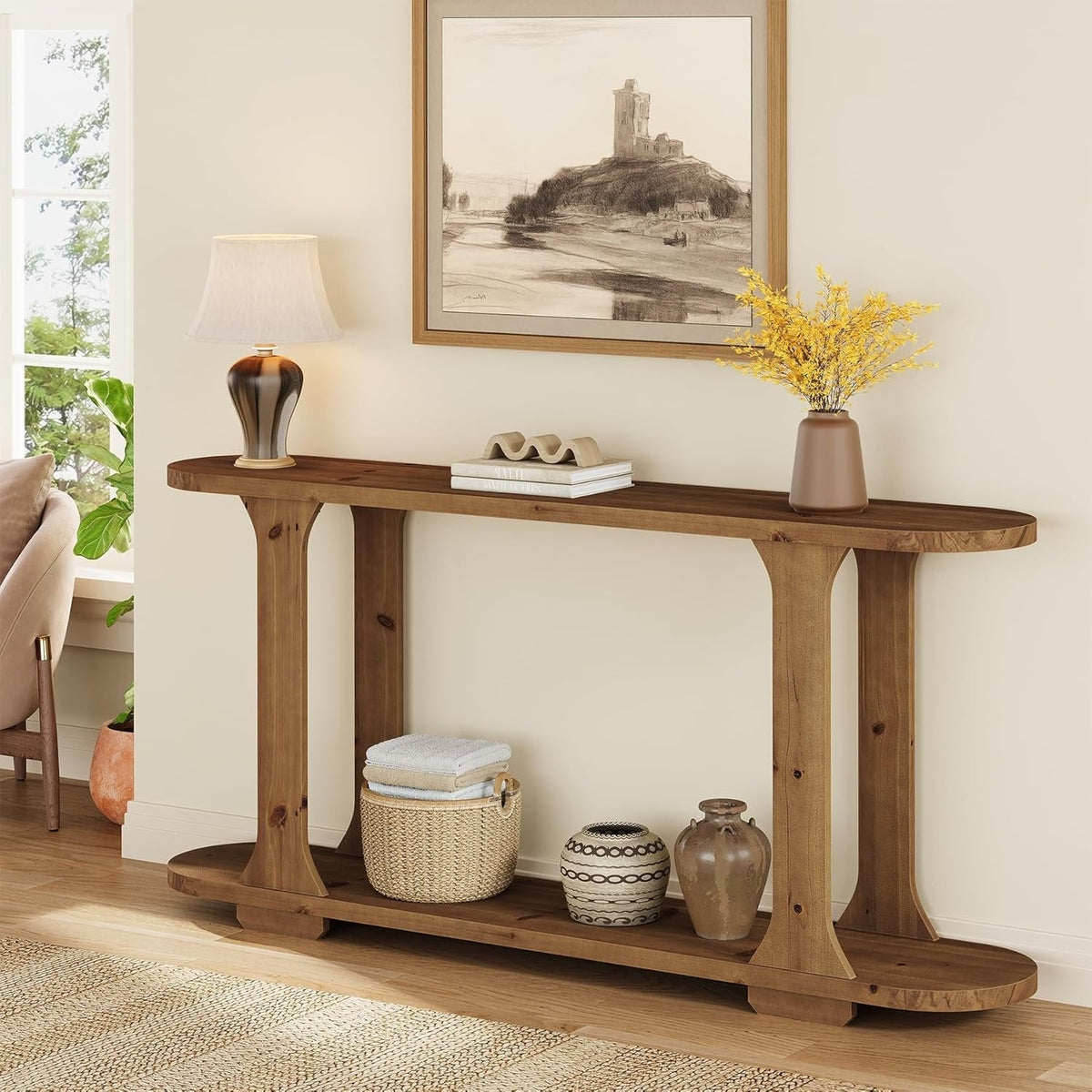 63" Console Table, Solid Wood Oval Curved Sofa Table with 2-Tier Shelf