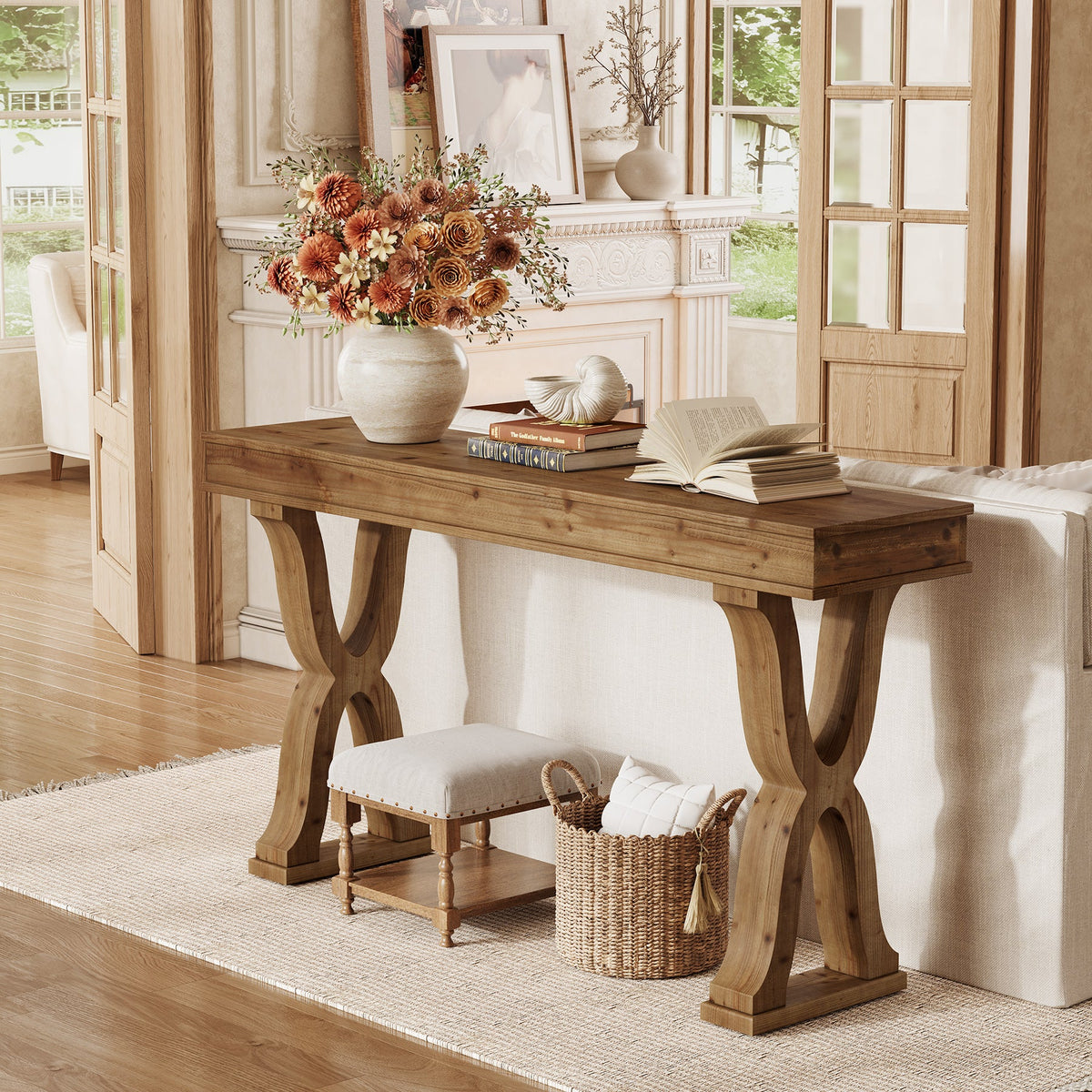 63" Console Table, Solid Wood Sofa Console Entryway Table with X-Shaped Legs