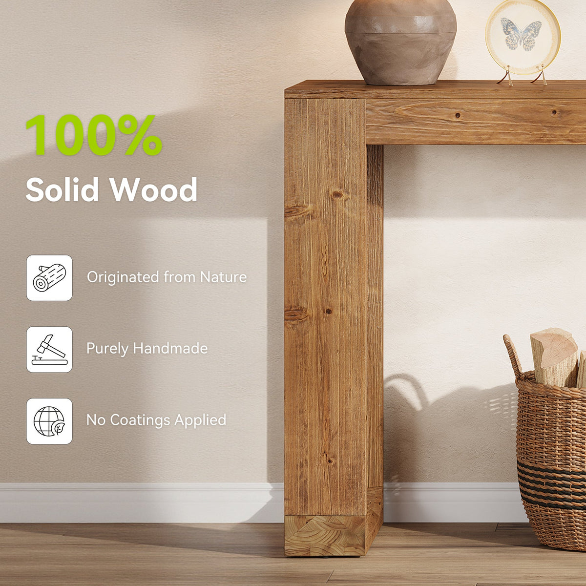 63" Console Table, Solid Wood Sofa Table with Reinforced Base