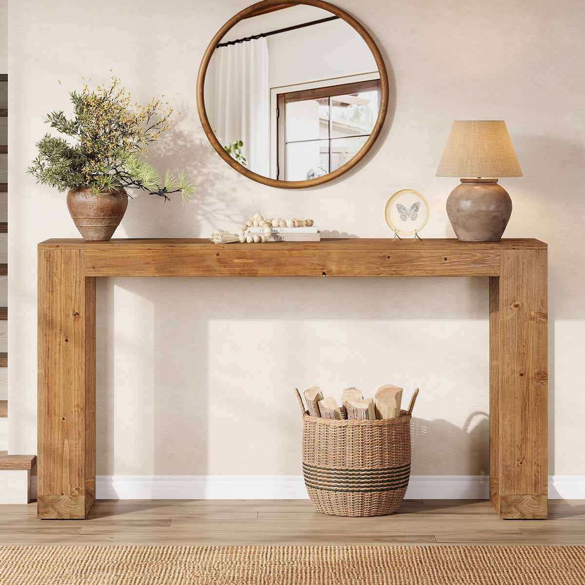 63" Console Table, Solid Wood Sofa Table with Reinforced Base