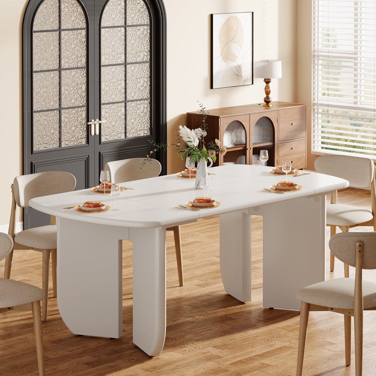 63" Dining Table, Rectangle Kitchen Table with Curved Base for 4-6 Person
