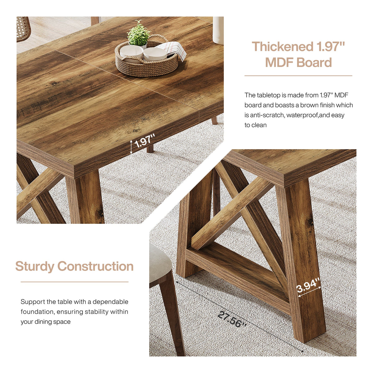 63" Dining Table, Rectangle Kitchen Table with X-Shaped Legs for 4 to 6