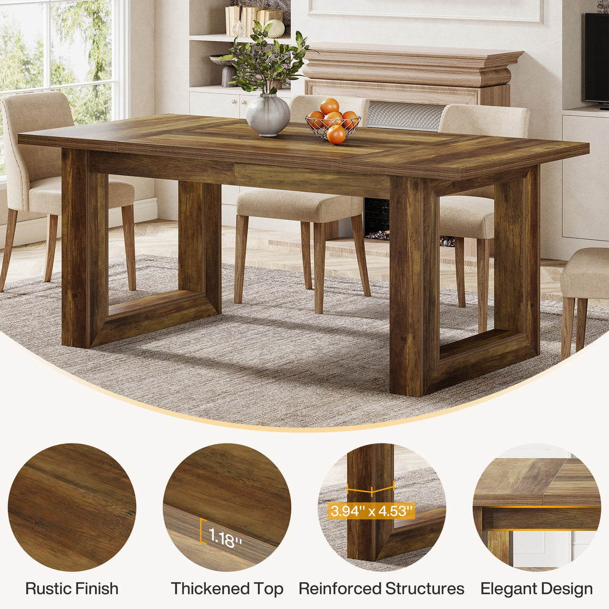 63" Dining Table, Rectangular Kitchen Dinner Table for Dining Room