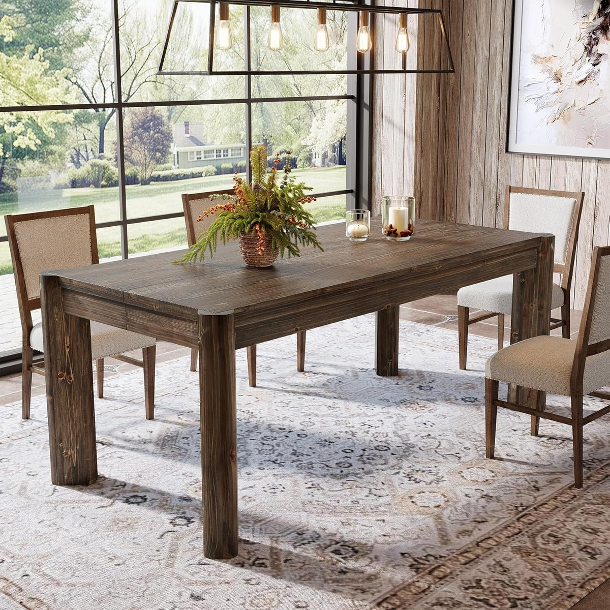 63" Dining Table, Solid Wood Kitchen Table with Heavy Duty Legs for 6 People