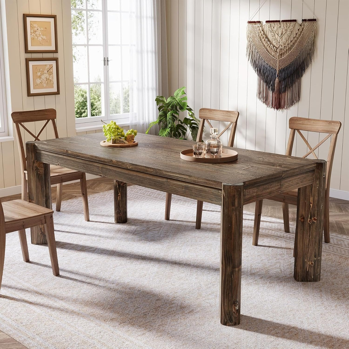 63" Dining Table, Solid Wood Kitchen Table with Heavy Duty Legs for 6 People