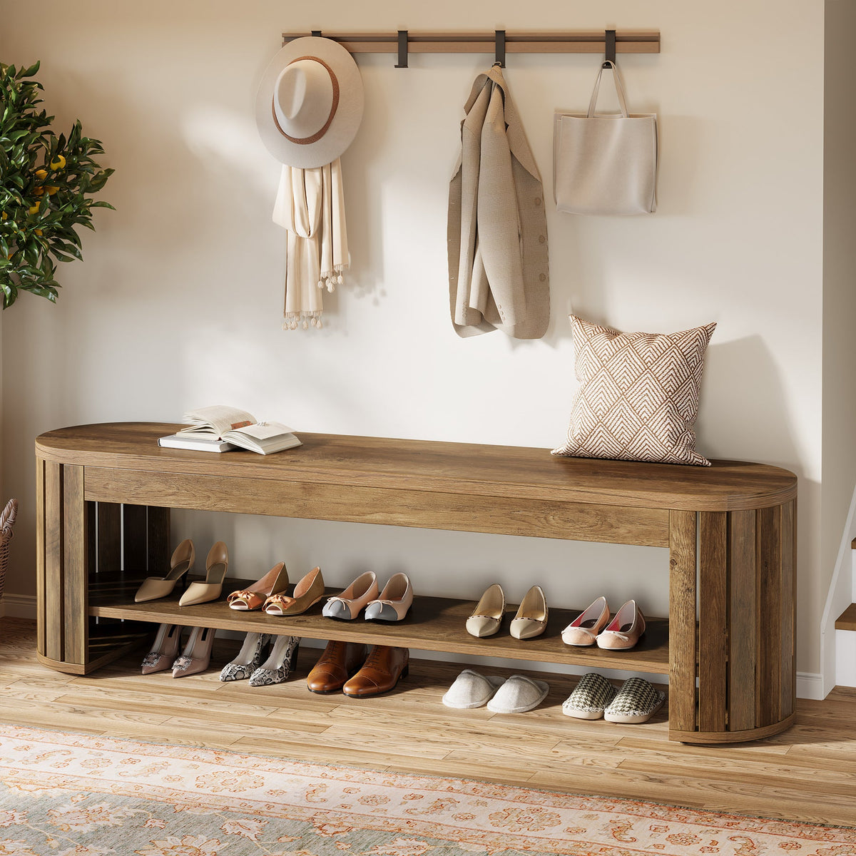 63" Entryway Bench, 2-Tier Narrow Shoe Bench with Shoe Storage