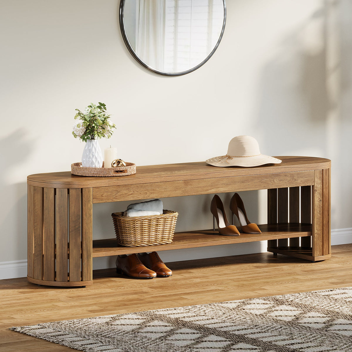 63" Entryway Bench, 2-Tier Narrow Shoe Bench with Shoe Storage