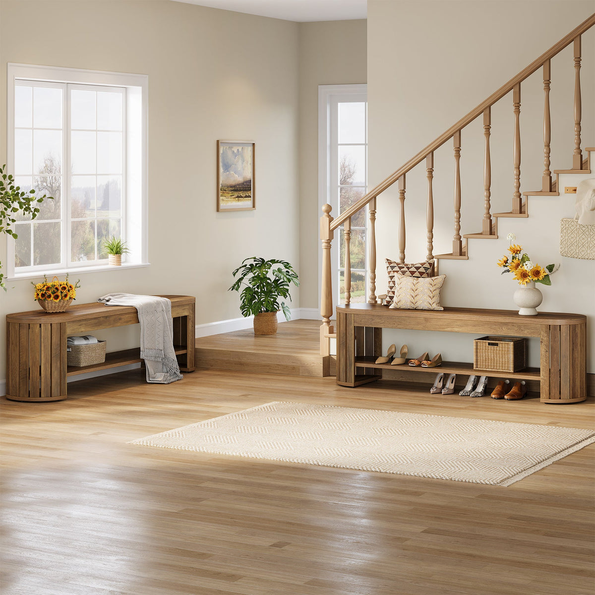 63" Entryway Bench, 2-Tier Narrow Shoe Bench with Shoe Storage