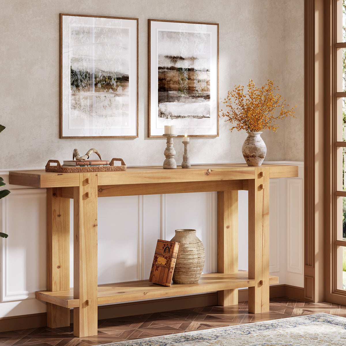 63" Farmhouse Console Table, 2-Tier Solid Wood Entryway Sofa Table