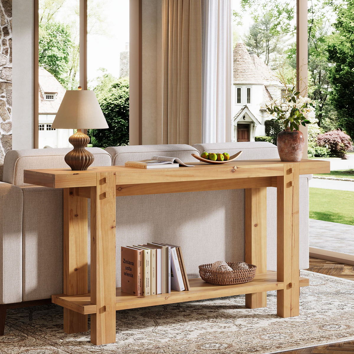 63" Farmhouse Console Table, 2-Tier Solid Wood Entryway Sofa Table