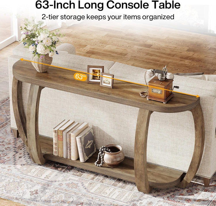 63" Farmhouse Console Table, Wooden Sofa Entryway Table with Curved Legs