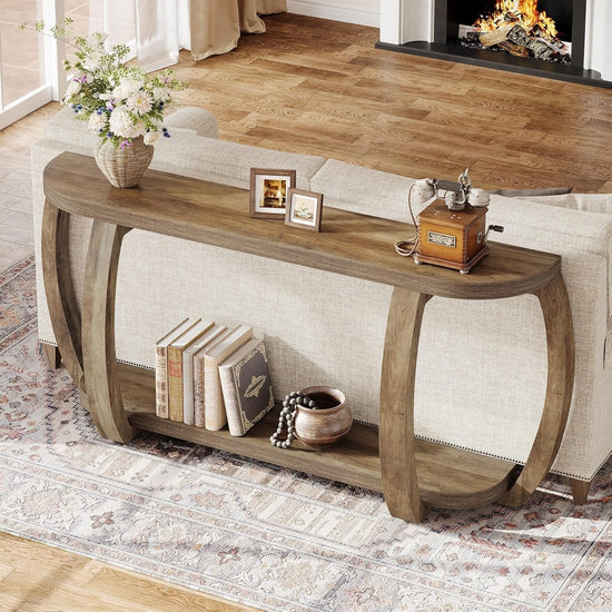 63" Farmhouse Console Table, Wooden Sofa Entryway Table with Curved Legs