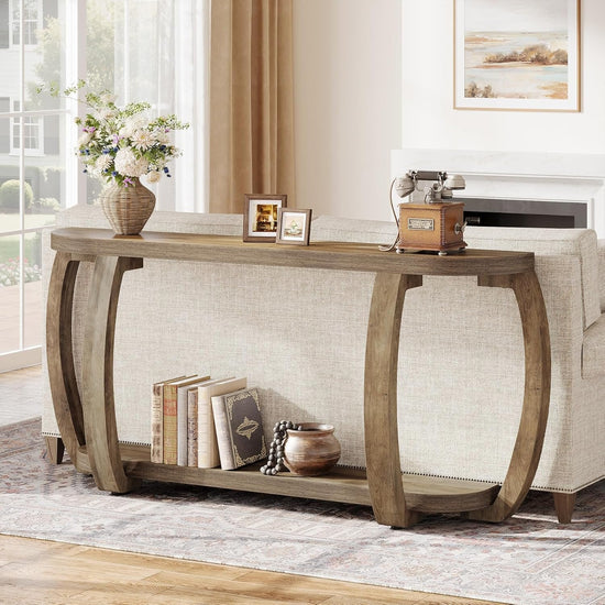 63" Farmhouse Console Table, Wooden Sofa Entryway Table with Curved Legs