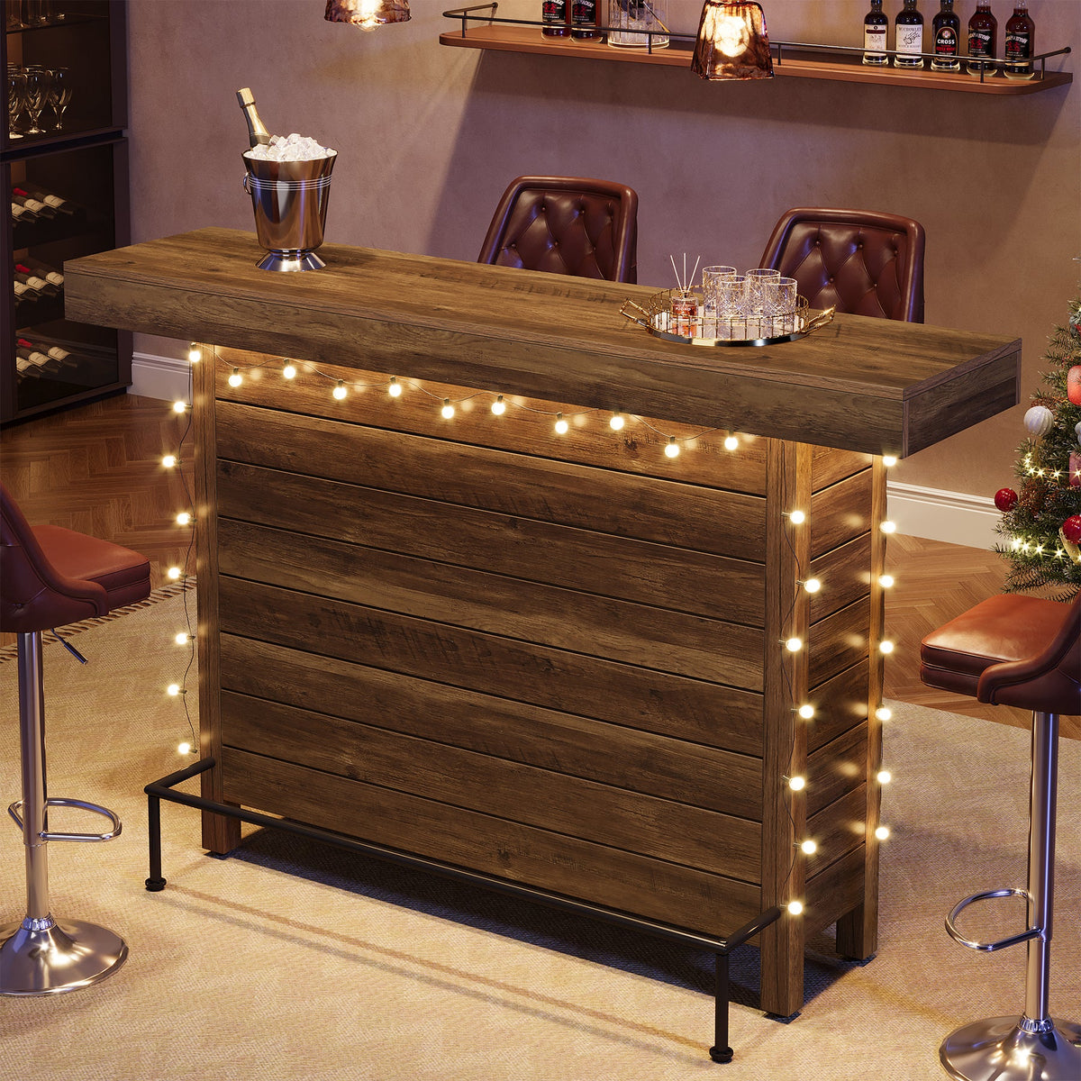 63" Industrial Bar Table, 3-Tier Home Bar Unite Pub Table with Metal Footrest