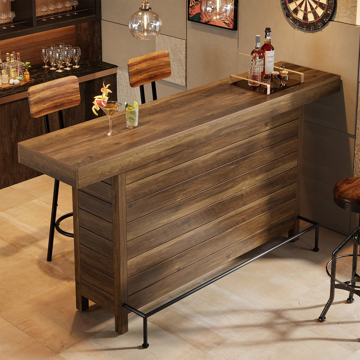63" Industrial Bar Table, 3-Tier Home Bar Unite Pub Table with Metal Footrest