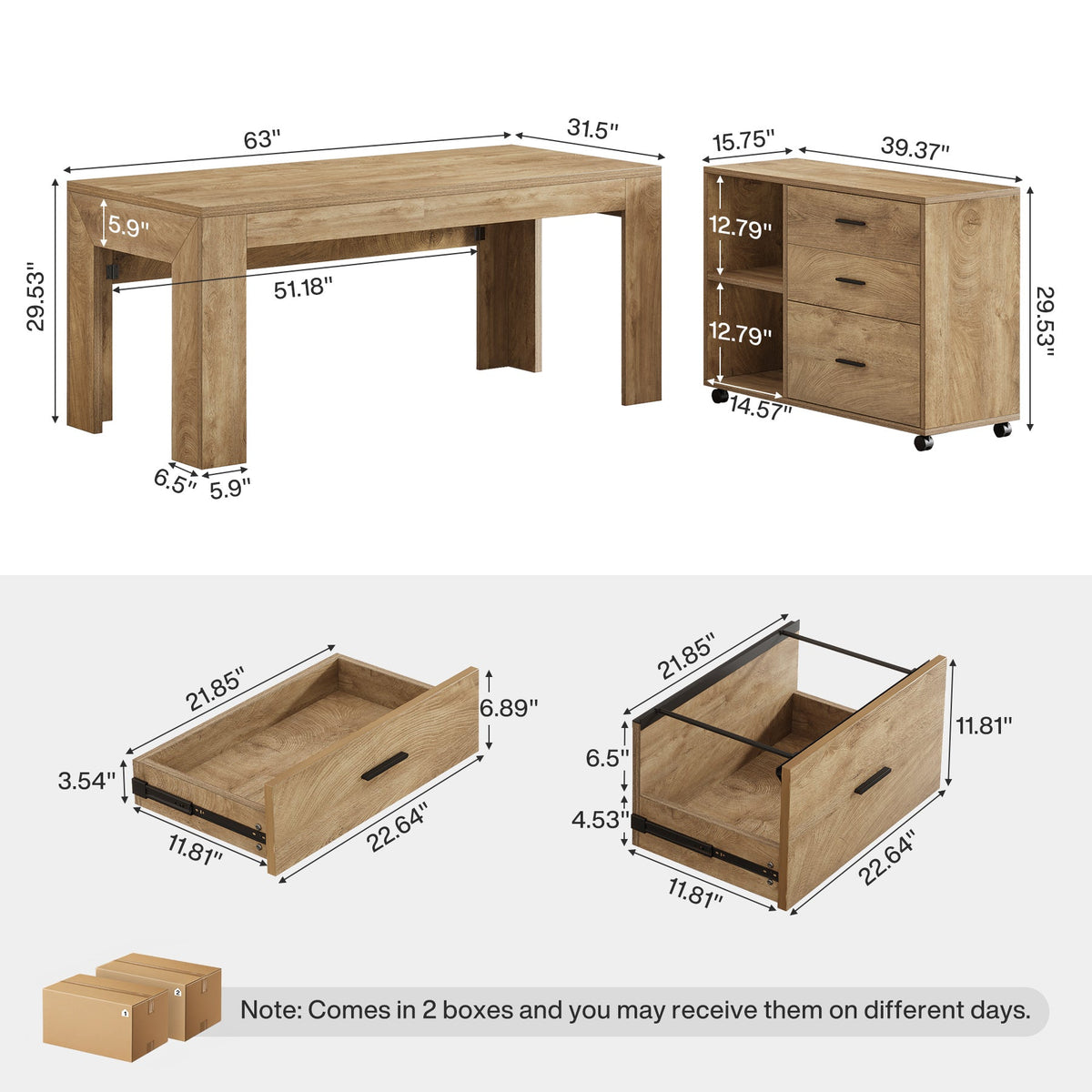 63" L-Shaped Desk, Executive Office Desk with Mobile Lateral File Cabinet