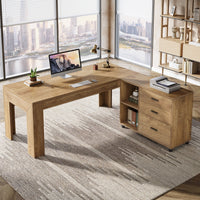 63" L-Shaped Desk, Executive Office Desk with Mobile Lateral File Cabinet