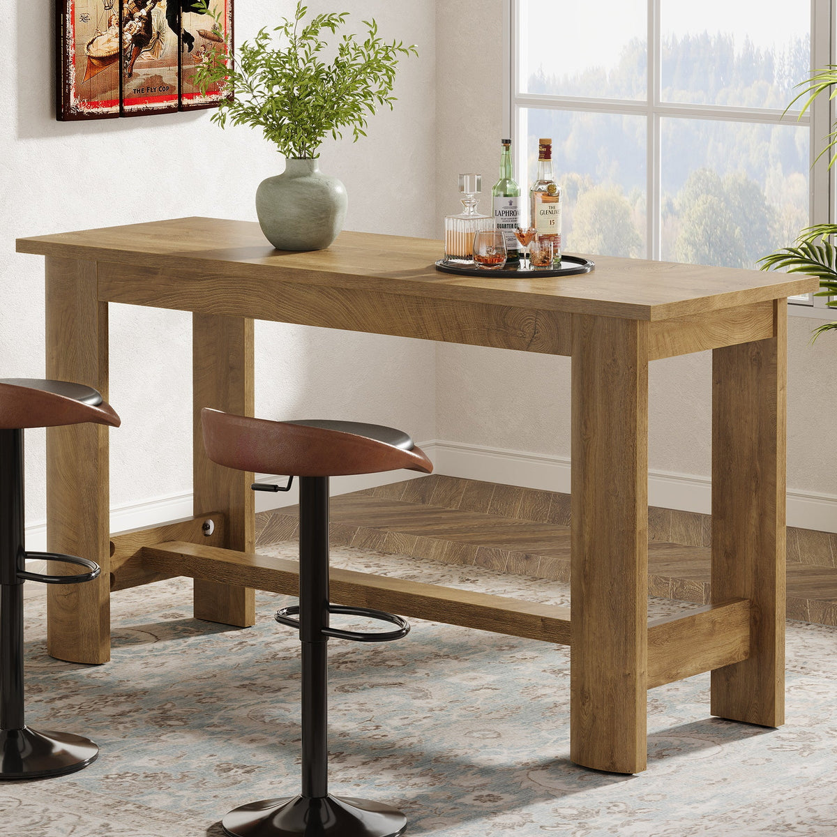 63" Rectangular Bar Table, Counter Height Pub Table Coffee Bar Unit with Footrest