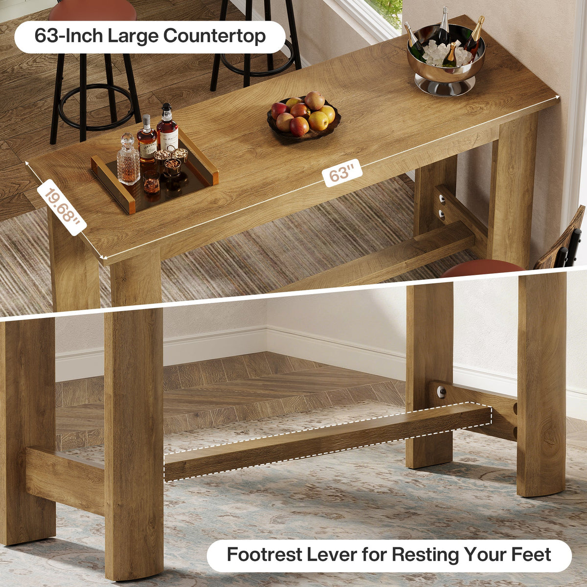 63" Rectangular Bar Table, Counter Height Pub Table Coffee Bar Unit with Footrest