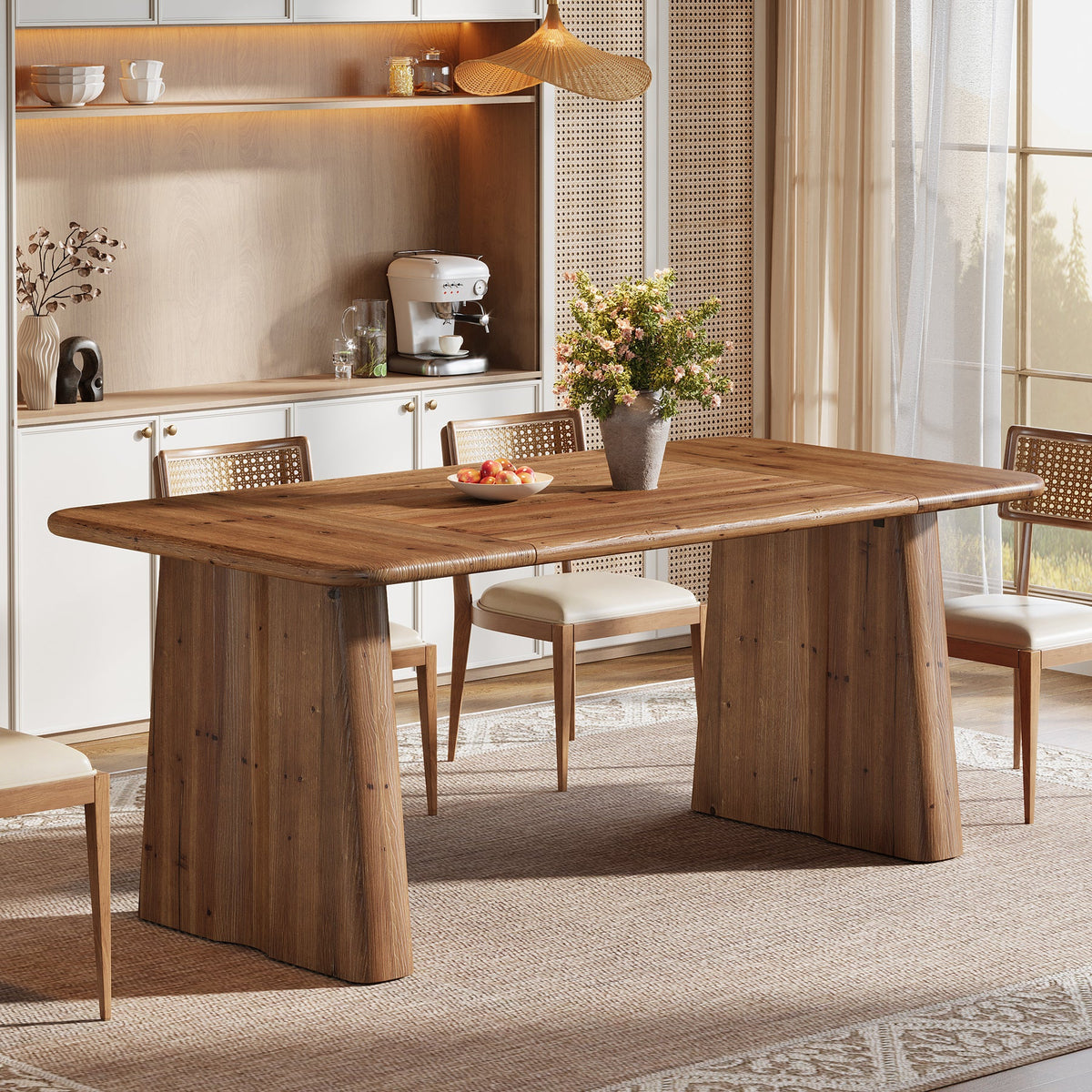 63" Rectangular Dining Table, Solid Wood Kitchen Dinner Table With Double Pedestal Legs