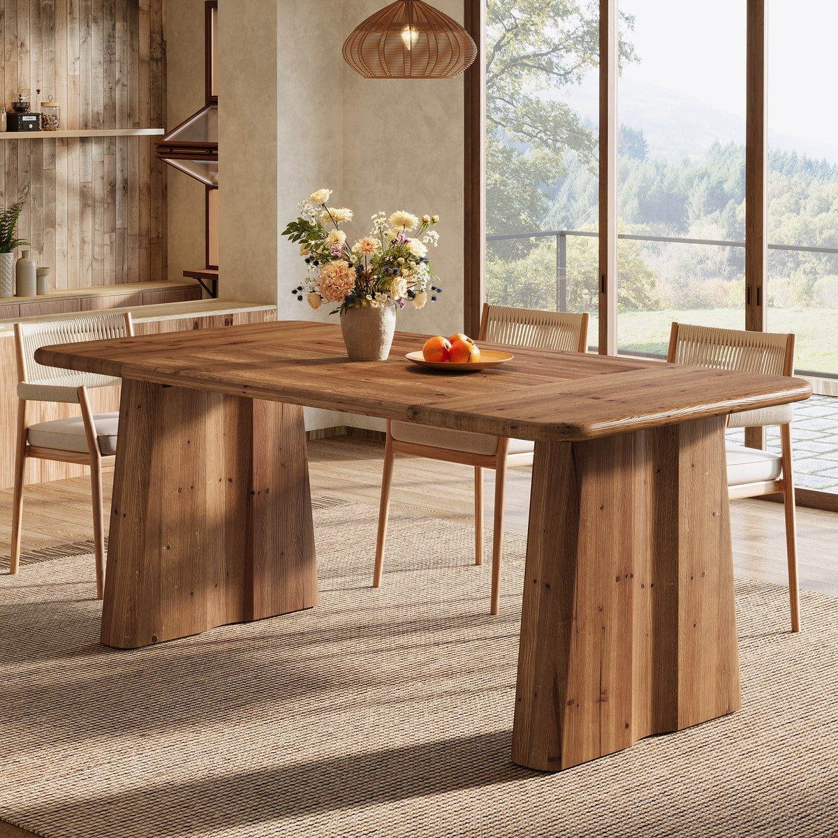63" Rectangular Dining Table, Solid Wood Kitchen Dinner Table With Double Pedestal Legs