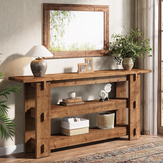 63" Solid Wood Console Table, Farmhouse Sofa Table Behind Couch with 3-Tier Shelves