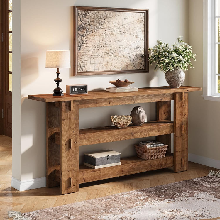 63" Solid Wood Console Table, Farmhouse Sofa Table Behind Couch with 3-Tier Shelves