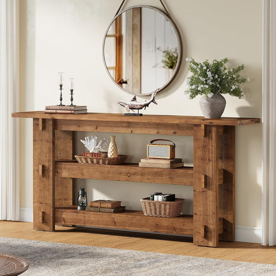 63" Solid Wood Console Table, Farmhouse Sofa Table Behind Couch with 3-Tier Shelves