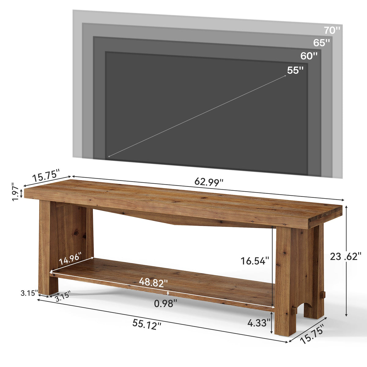 63" Solid Wood TV Stand, Farmhouse Entertainment Center for 55/65/75-Inch TV with Storage Shelves