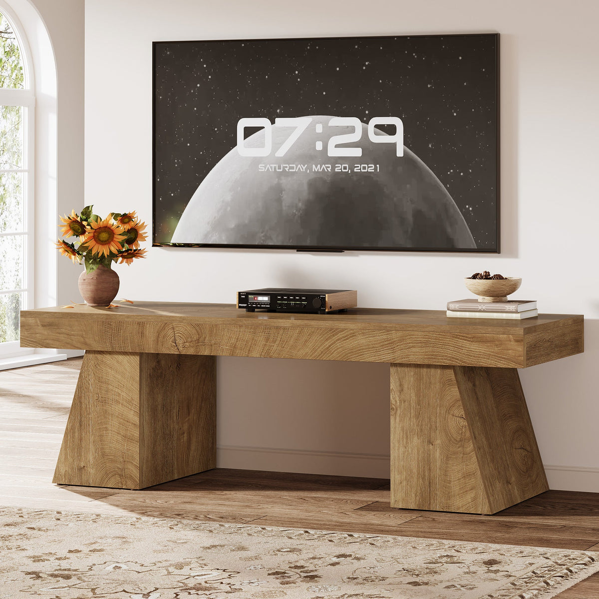 63" TV Stand, Farmhouse Entertainment Center with Geometric Pedestal for 55-75-Inch TVs