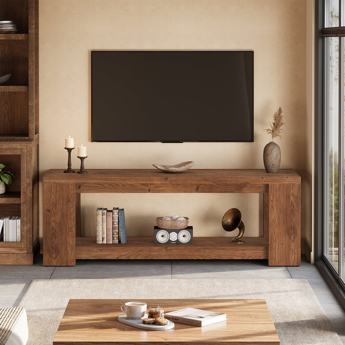 63" TV Stand, Solid Wood Media Television Console Entertainment Center for 55-75-Inch TV