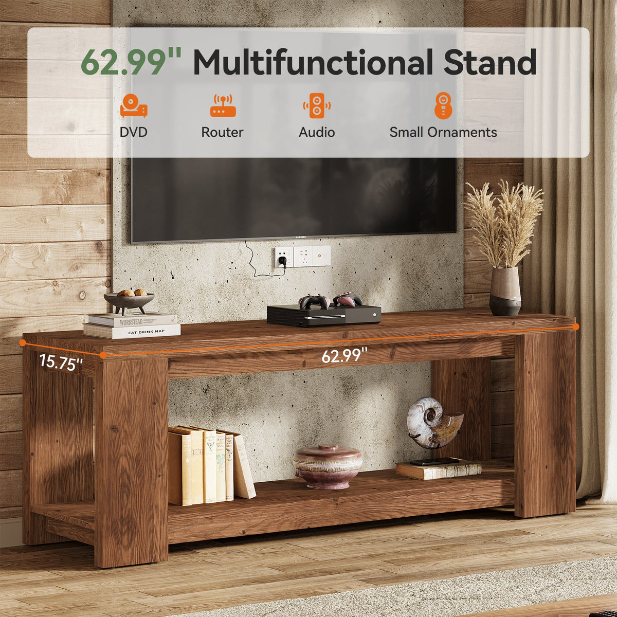 63" TV Stand, Solid Wood Media Television Console Entertainment Center for 55-75-Inch TV