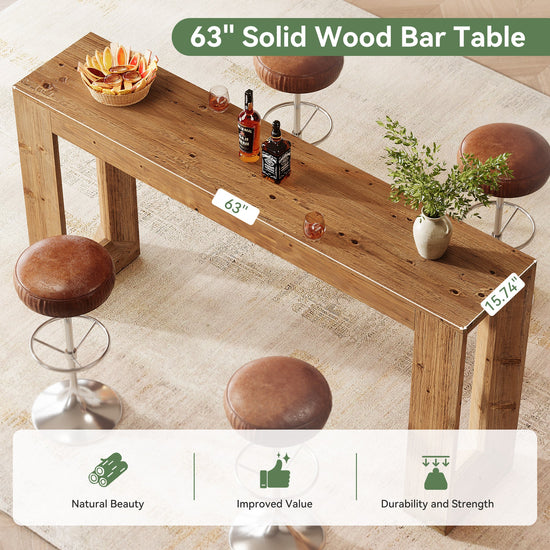 63" Wood Bar Table, Farmhouse Counter Height Pub Table Coffee Bar Units