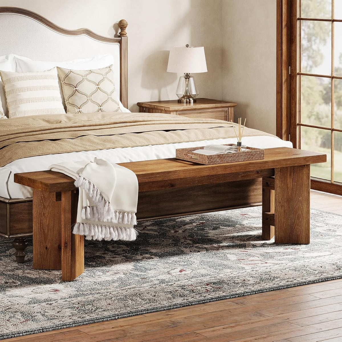 63" Wood Bench, Farmhouse Entryway Bench End of Bed Bench with Thickened Legs