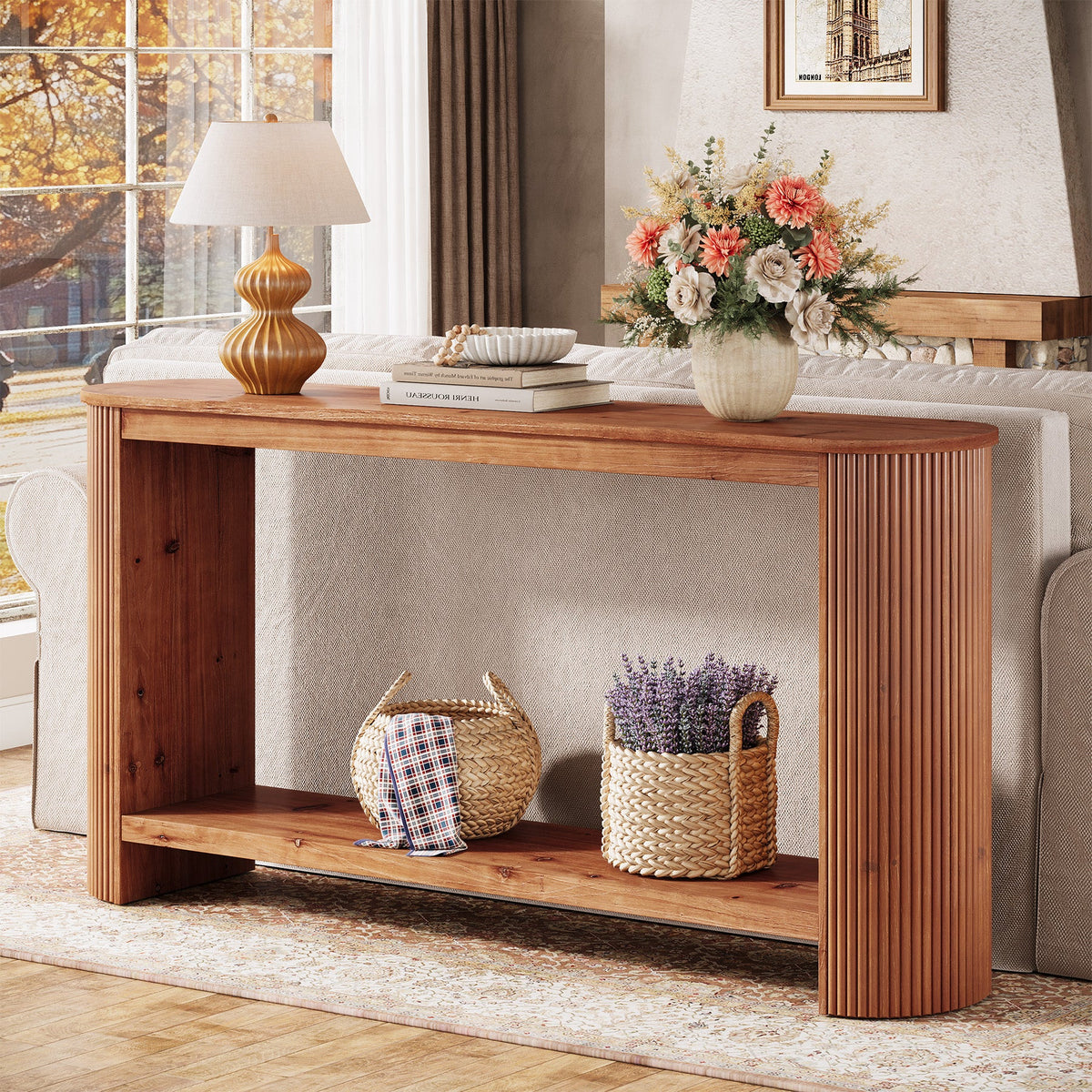 63" Wood Console Table, Farmhouse 2-Tier Sofa Entryway Table for Living Room
