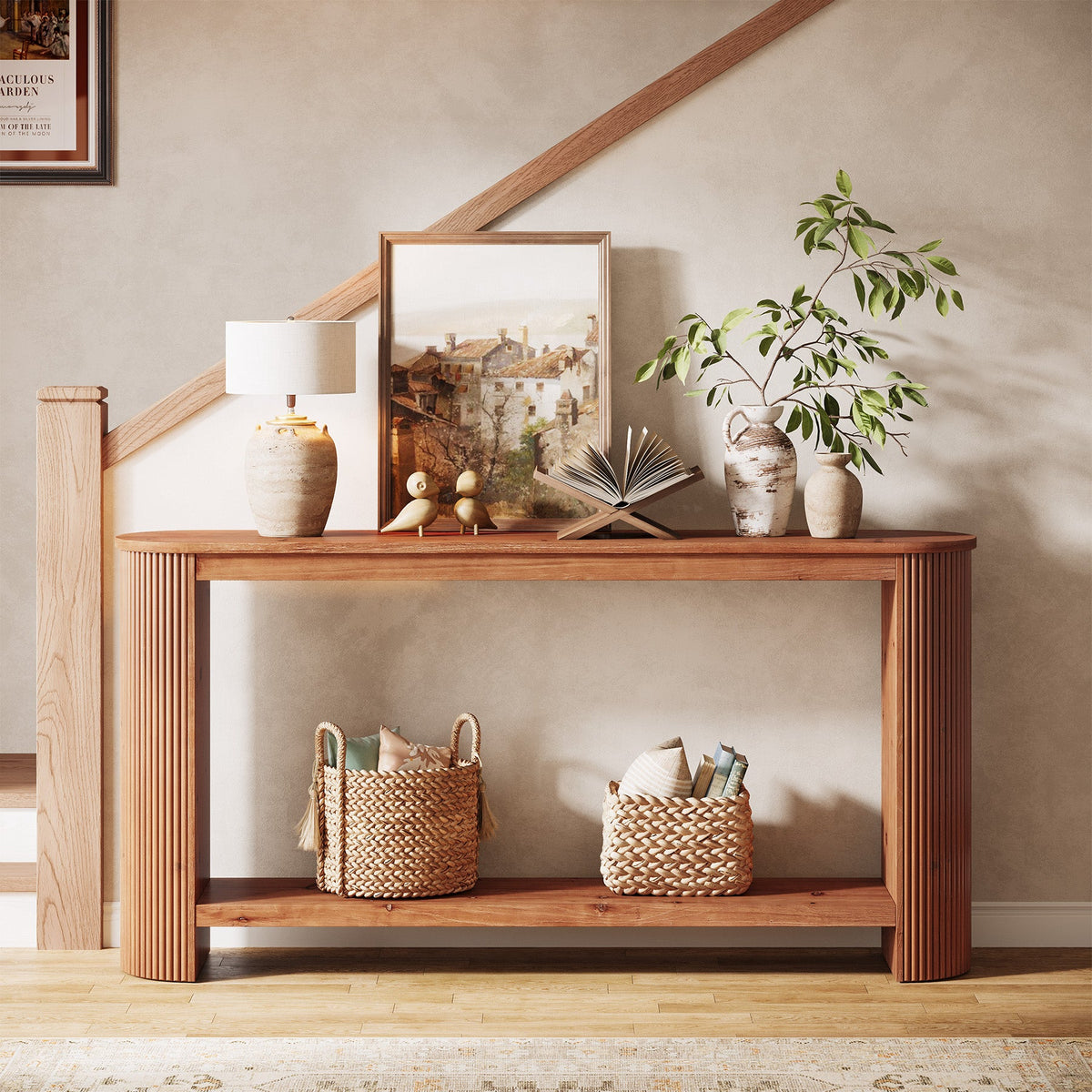 63" Wood Console Table, Farmhouse 2-Tier Sofa Entryway Table for Living Room