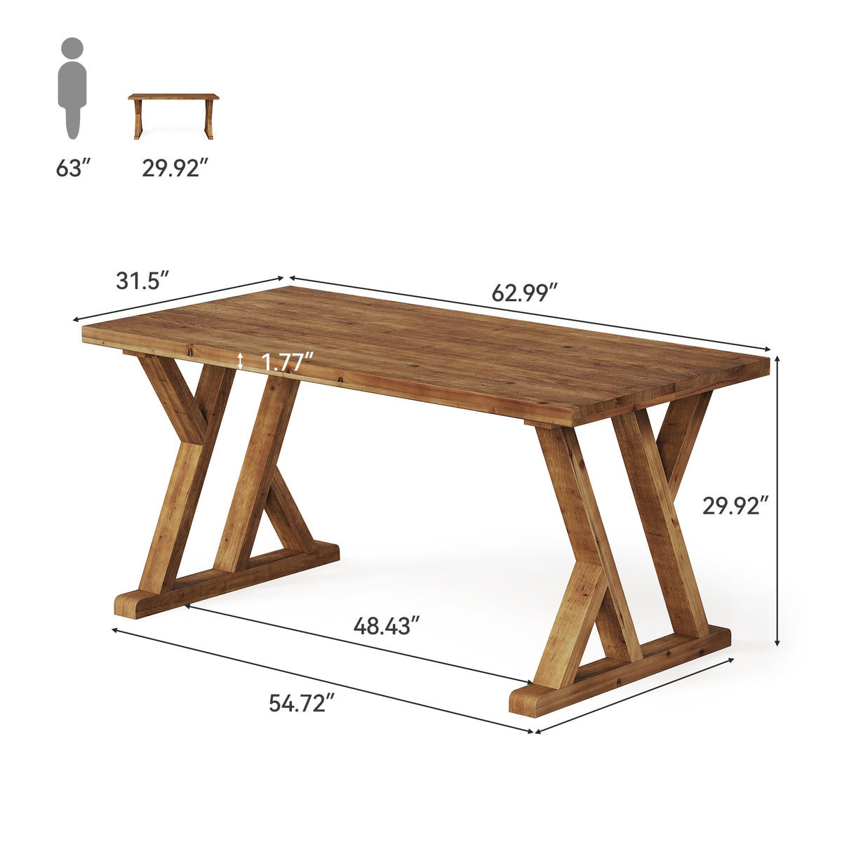 63" Wood Dining Table, Farmhouse Kitchen Dinner Table for 4-6 People