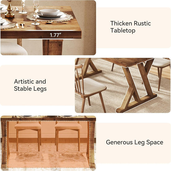 63" Wood Dining Table, Farmhouse Kitchen Dinner Table for 4-6 People