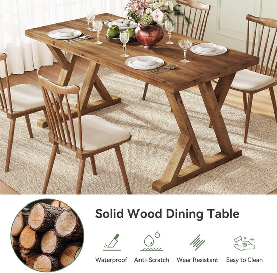 63" Wood Dining Table, Farmhouse Kitchen Dinner Table for 4-6 People